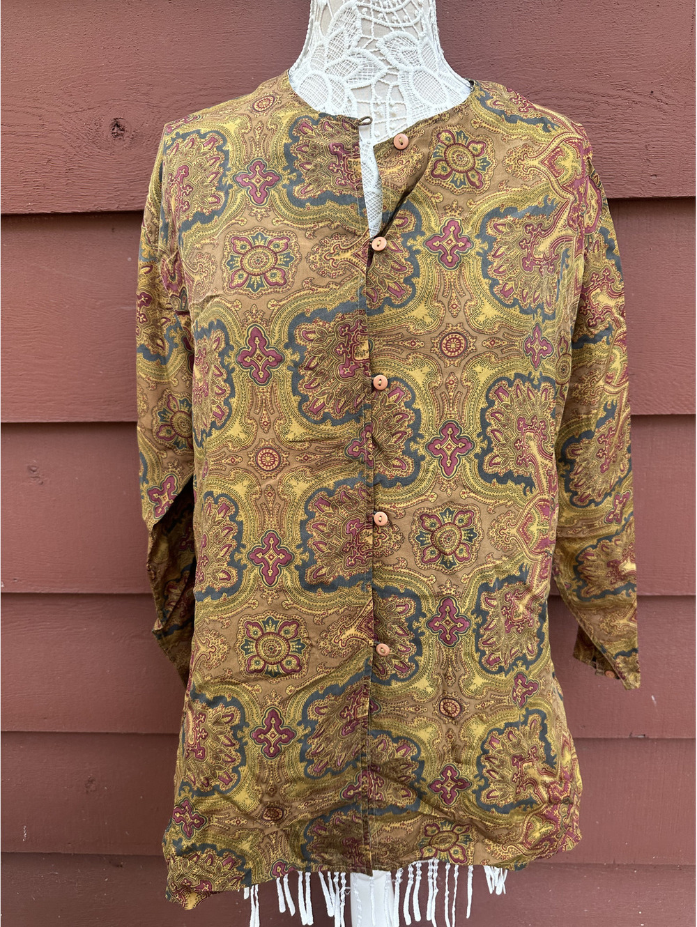 Bogari Studio Vintage Band Collar Button Up Blouse in Mustard Yellow Paisley